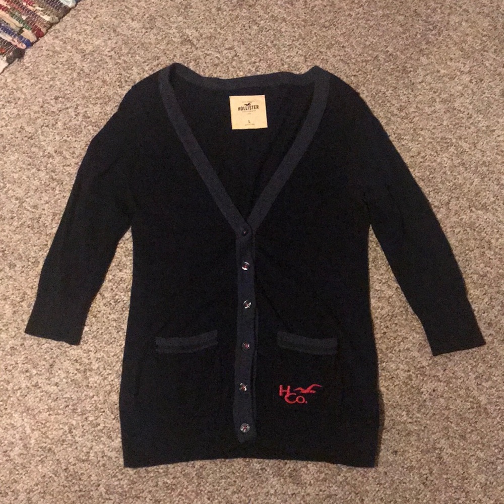 Hollister Navy Sweater Cardigan w Pink embroidery